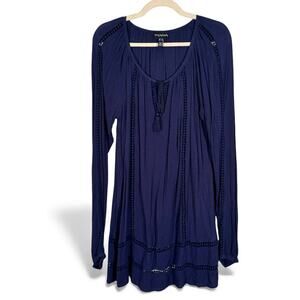 Long Tall Sally Navy Blue Boho Tunic Blouse Womens 10 Crochet Long Sleeve Fall